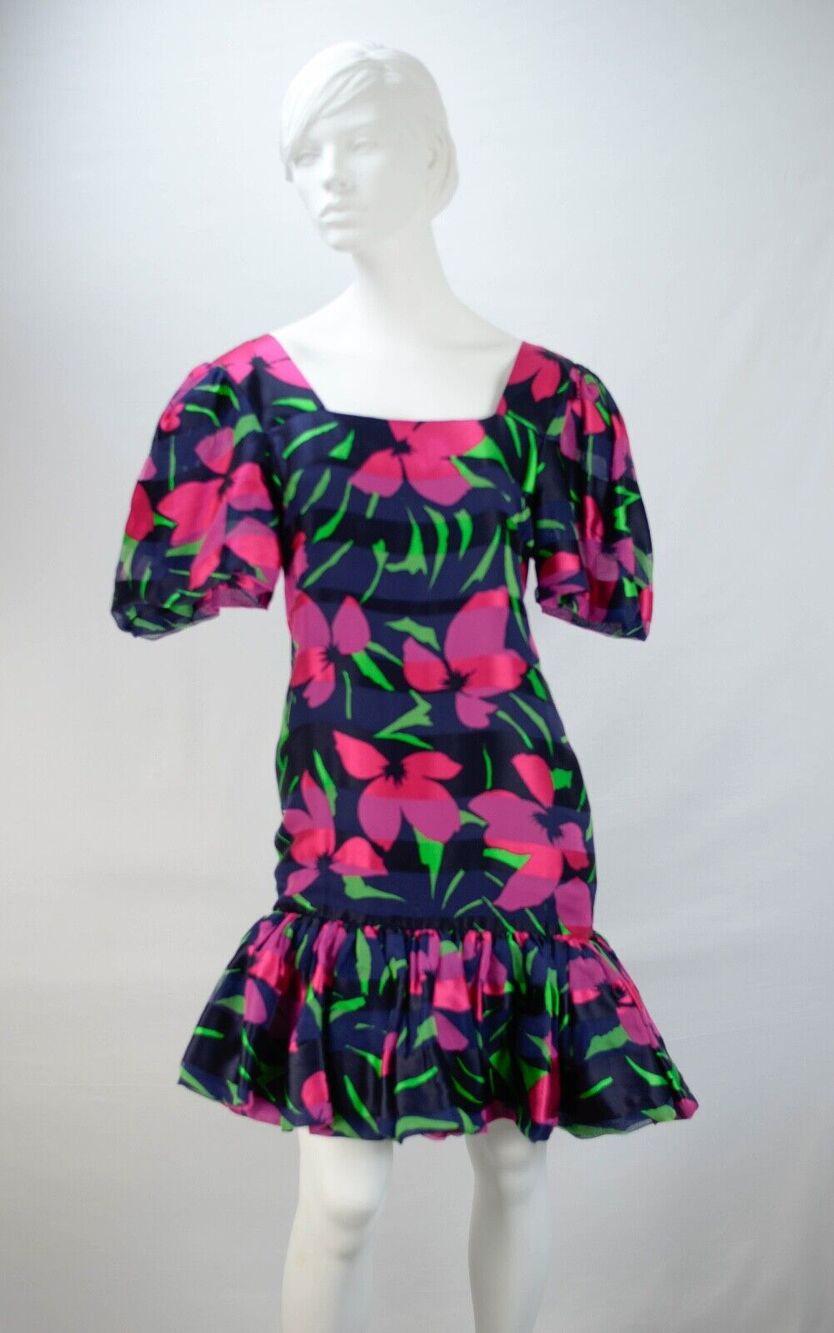 Vintage Hauline Trigere Pink Green Navy Fit & Flare Dress M Medium